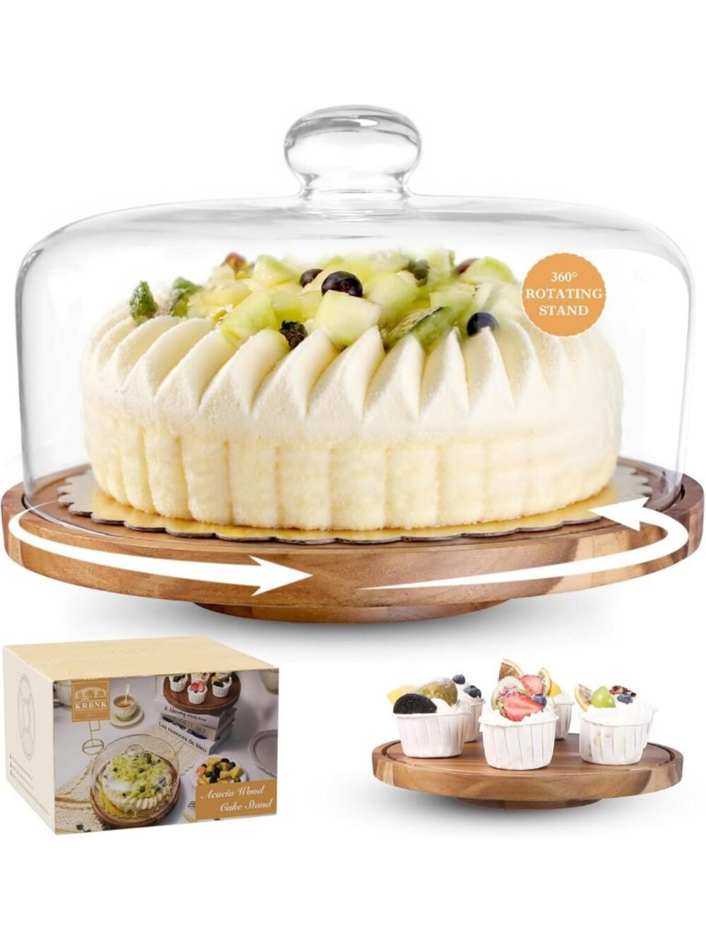 Elegant 12" Rotating Acacia Wood Cake Stand with Glass Lid - Perfect for
